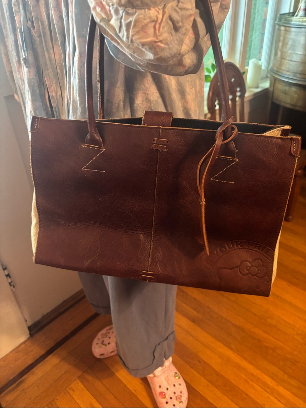 Vintage Hello Kitty Leather & Canvas Tote Rare Sanrio Boutique Bag Brown